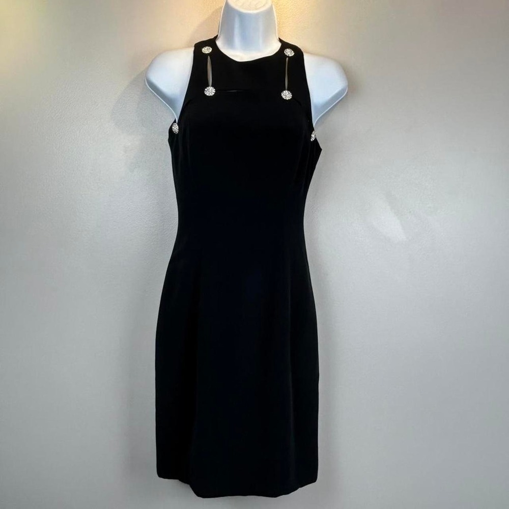 Vintage Cache Navy Cutout Rhinestone Button Cocktail Dress Size 4 Sleeveless‎